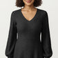 Textured Knit Long Sleeve V-Neck Fit-and-Flare Mini Dress with Soft Rib Detailing and Gentle Drape