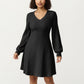 Textured Knit Long Sleeve V-Neck Fit-and-Flare Mini Dress with Soft Rib Detailing and Gentle Drape