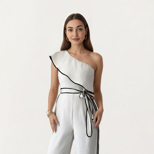 One-Shoulder Wide Leg Jumpsuit with Textured Fabric, Contrast Trim Edges and Adjustable Wrapped Tie