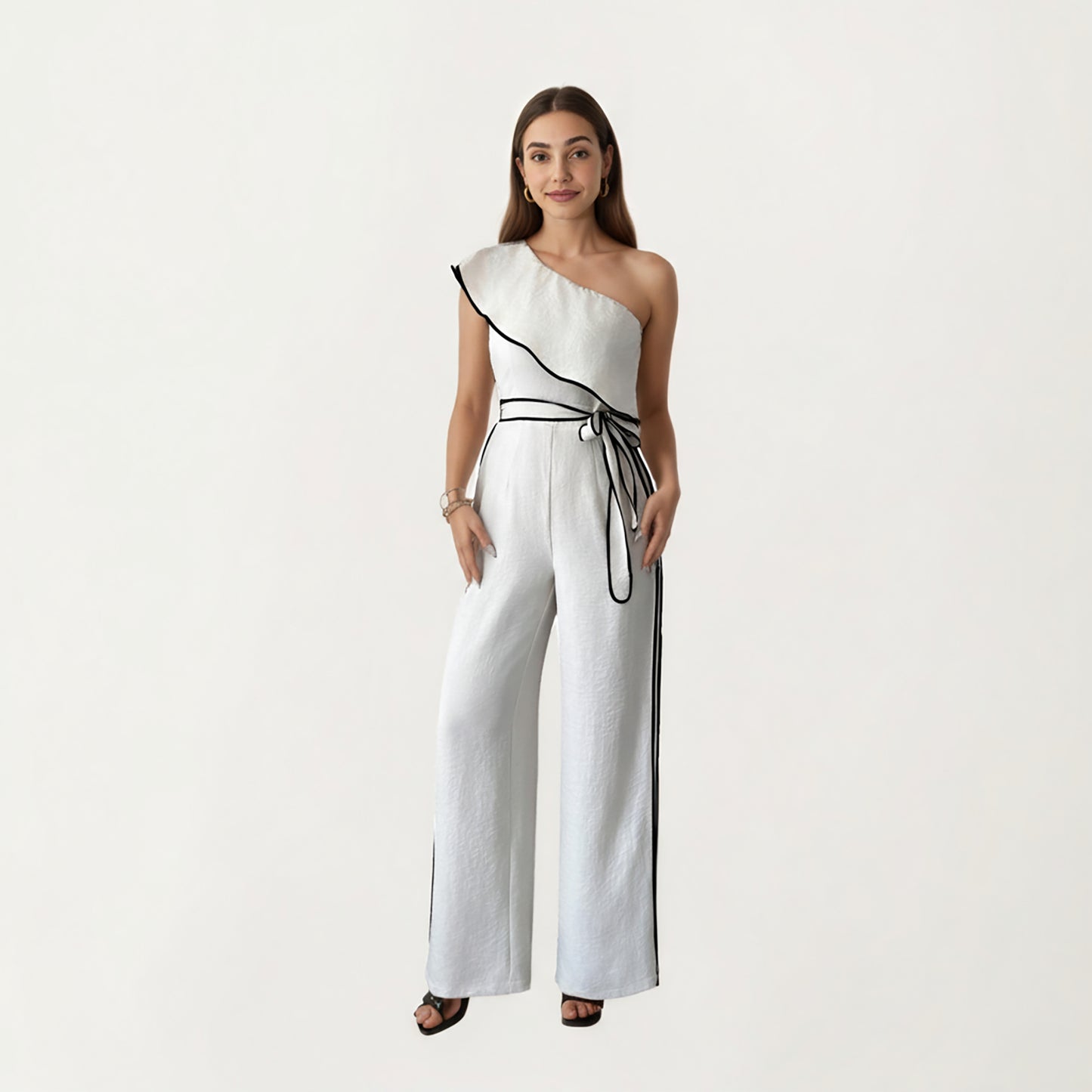 One-Shoulder Wide Leg Jumpsuit with Textured Fabric, Contrast Trim Edges and Adjustable Wrapped Tie