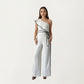One-Shoulder Wide Leg Jumpsuit with Textured Fabric, Contrast Trim Edges and Adjustable Wrapped Tie