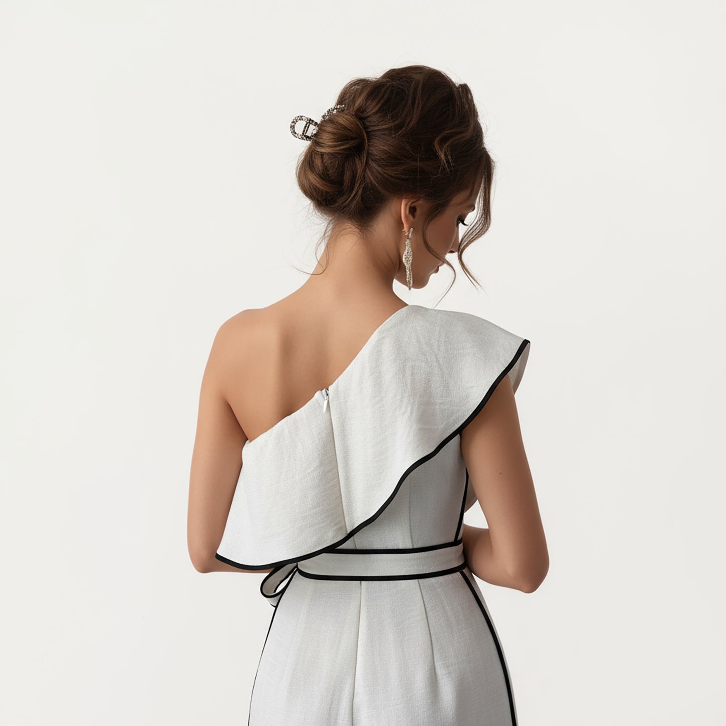 One-Shoulder Wide Leg Jumpsuit with Textured Fabric, Contrast Trim Edges and Adjustable Wrapped Tie