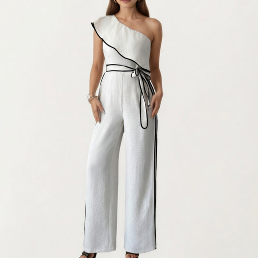 One-Shoulder Wide Leg Jumpsuit with Textured Fabric, Contrast Trim Edges and Adjustable Wrapped Tie