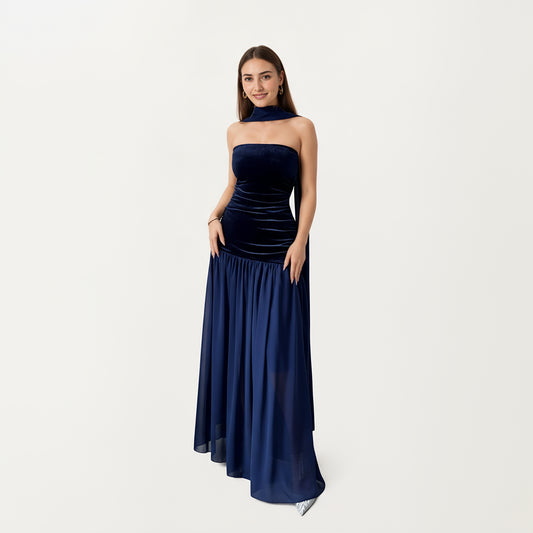Strapless Velvet Maxi Dress with Ruched Bodice, Sheer Flowing Dress Panel and Matching Neck Scarf