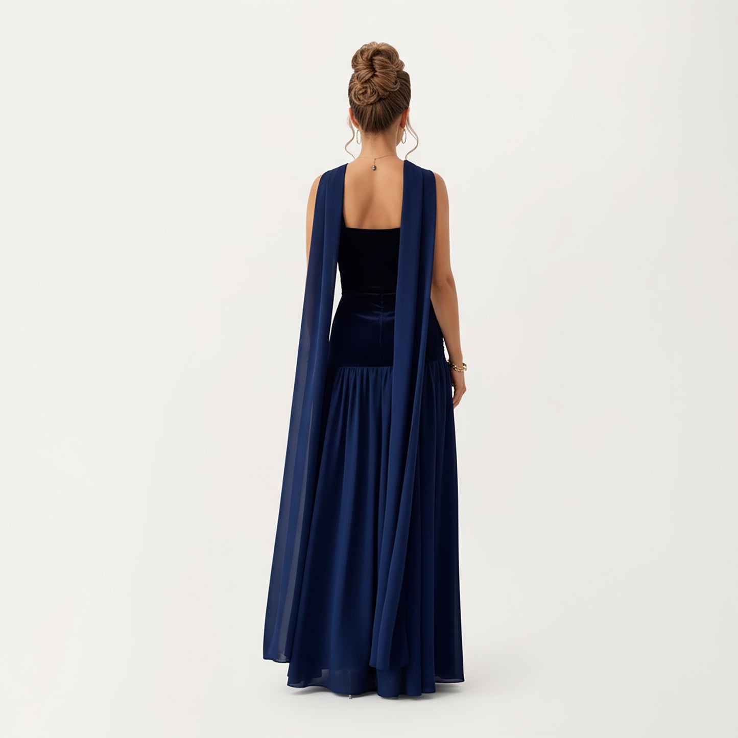 Strapless Velvet Maxi Dress with Ruched Bodice, Sheer Flowing Dress Panel and Matching Neck Scarf