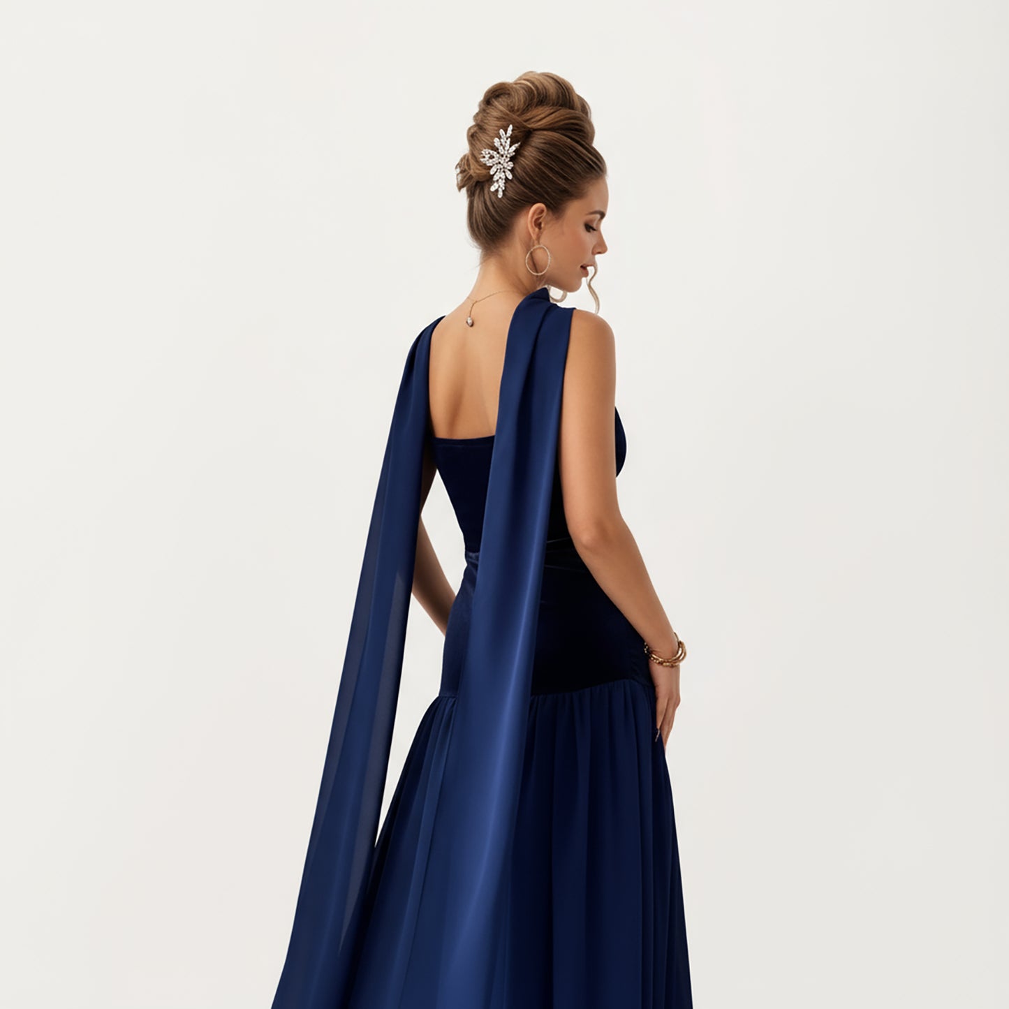 Strapless Velvet Maxi Dress with Ruched Bodice, Sheer Flowing Dress Panel and Matching Neck Scarf