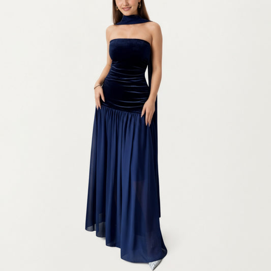 Strapless Velvet Maxi Dress with Ruched Bodice, Sheer Flowing Dress Panel and Matching Neck Scarf