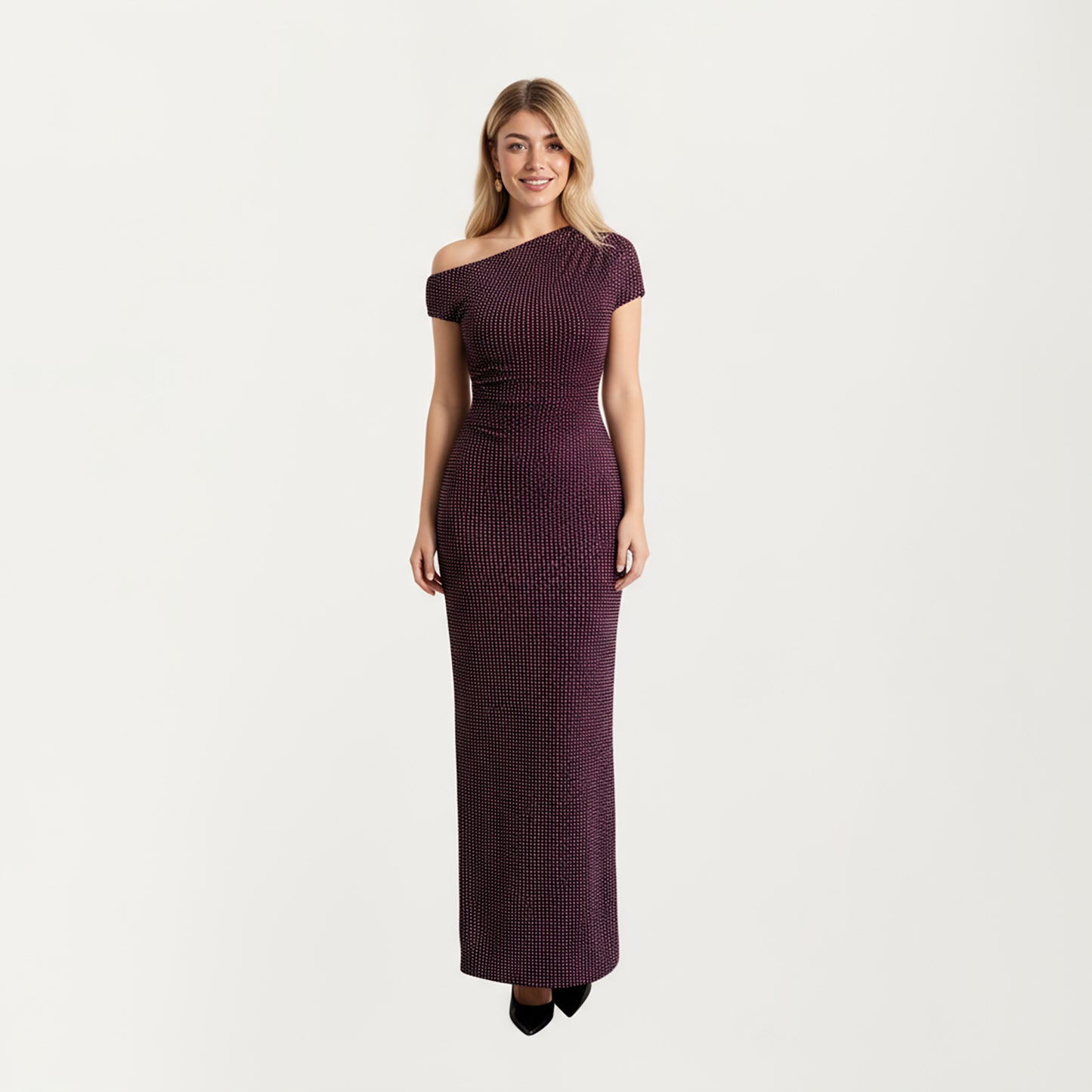 One-Shoulder Fitted Maxi Dress with Textured Stretch Knit Fabric and Sleek Contoured Silhouette
