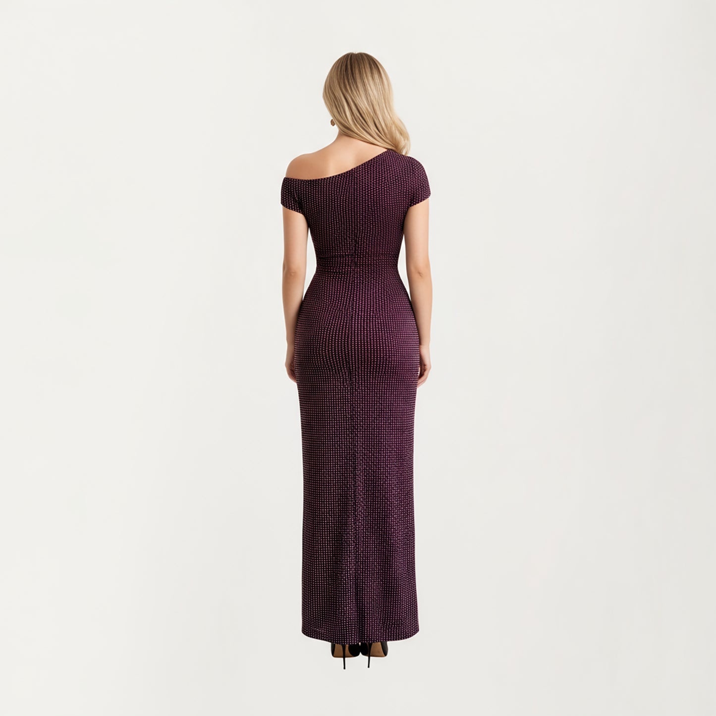 One-Shoulder Fitted Maxi Dress with Textured Stretch Knit Fabric and Sleek Contoured Silhouette