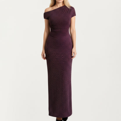 One-Shoulder Fitted Maxi Dress with Textured Stretch Knit Fabric and Sleek Contoured Silhouette