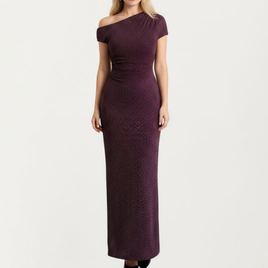 One-Shoulder Fitted Maxi Dress with Textured Stretch Knit Fabric and Sleek Contoured Silhouette