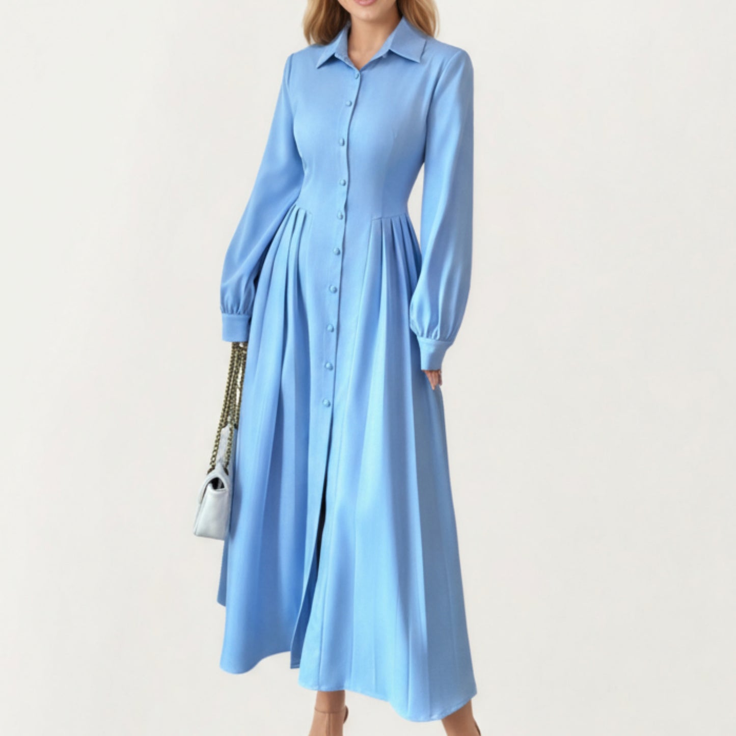 Long Sleeve Button Front Maxi Dress with Structured Collar, Pleated Dress Paneling and Smooth Fabric Finish