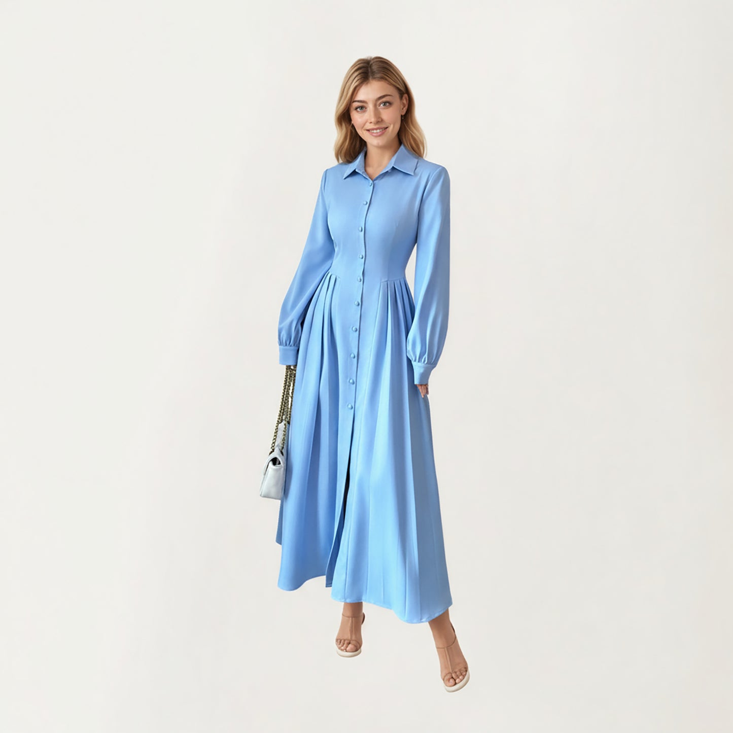 Long Sleeve Button Front Maxi Dress with Structured Collar, Pleated Dress Paneling and Smooth Fabric Finish