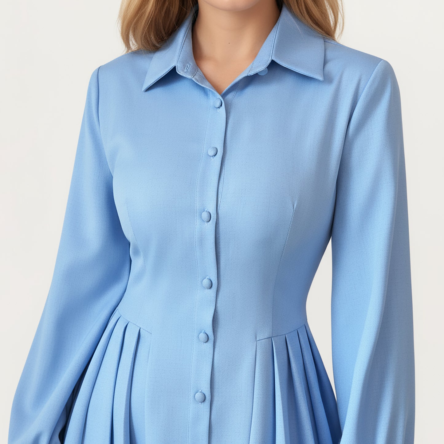 Long Sleeve Button Front Maxi Dress with Structured Collar, Pleated Dress Paneling and Smooth Fabric Finish