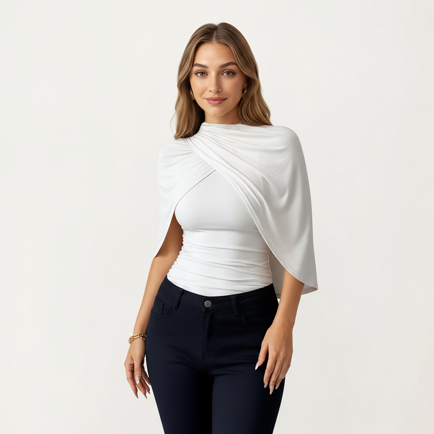 Draped Overlay Top with Gathered Shoulder Detail and Smooth Fitted Bodice Design