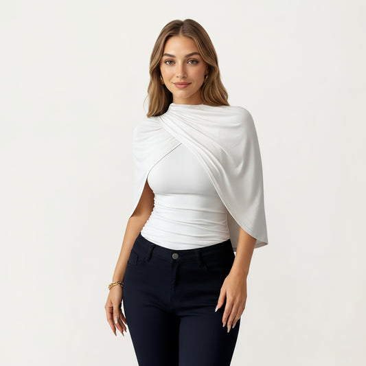 Draped Overlay Top with Gathered Shoulder Detail and Smooth Fitted Bodice Design