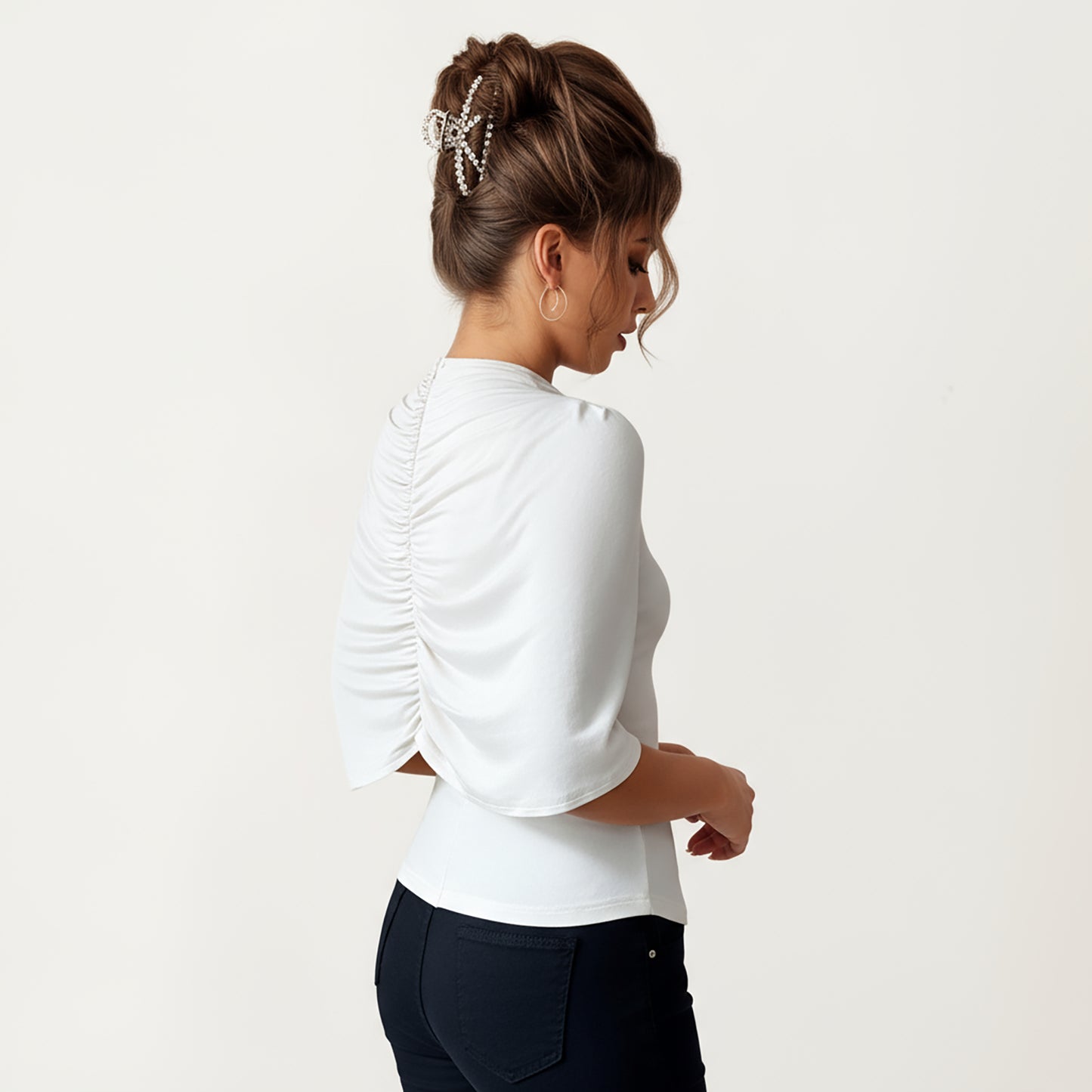 Draped Overlay Top with Gathered Shoulder Detail and Smooth Fitted Bodice Design