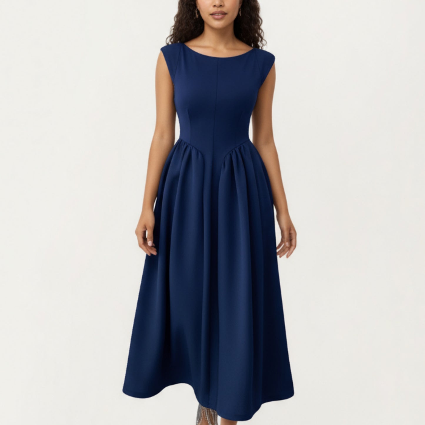 Sleeveless Fit and Flare Maxi Dress with Tailored Bodice and Softly Gathered Full Dress Design