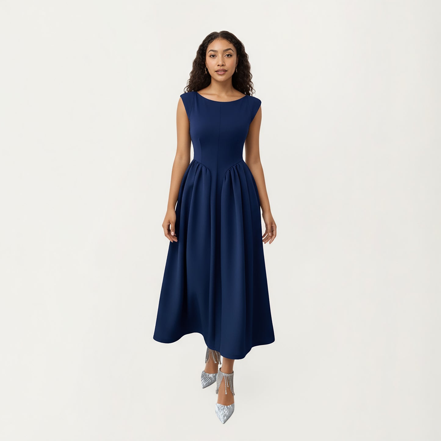 Sleeveless Fit and Flare Maxi Dress with Tailored Bodice and Softly Gathered Full Dress Design