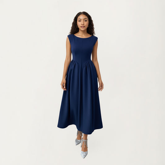 Sleeveless Fit and Flare Maxi Dress with Tailored Bodice and Softly Gathered Full Dress Design