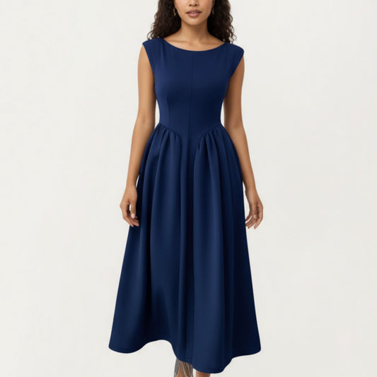 Sleeveless Fit and Flare Maxi Dress with Tailored Bodice and Softly Gathered Full Dress Design