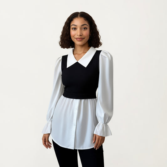 Layered Contrast Blouse with Structured Collar, Fitted Knit Bodice and Flowing Buttoned Hem Design