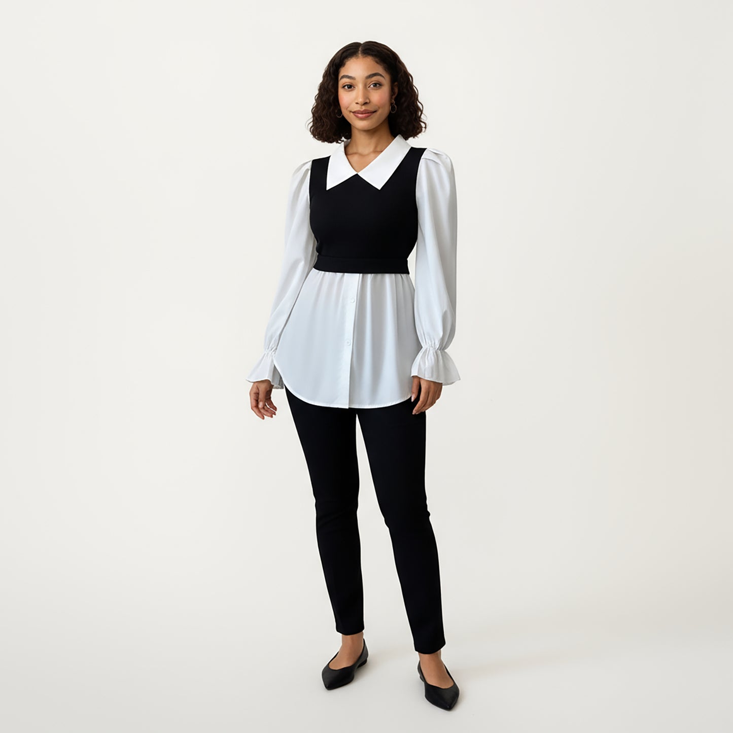 Layered Contrast Blouse with Structured Collar, Fitted Knit Bodice and Flowing Buttoned Hem Design