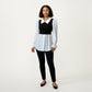 Layered Contrast Blouse with Structured Collar, Fitted Knit Bodice and Flowing Buttoned Hem Design