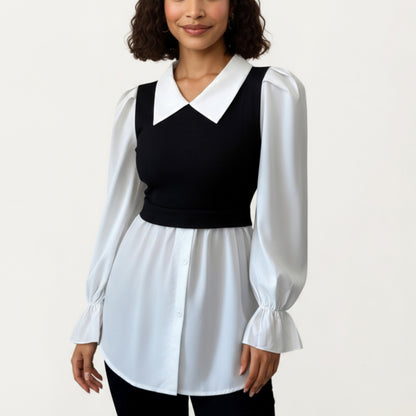 Layered Contrast Blouse with Structured Collar, Fitted Knit Bodice and Flowing Buttoned Hem Design