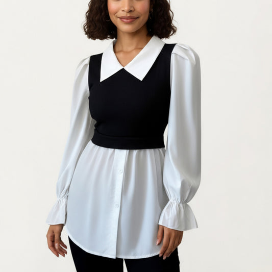 Layered Contrast Blouse with Structured Collar, Fitted Knit Bodice and Flowing Buttoned Hem Design
