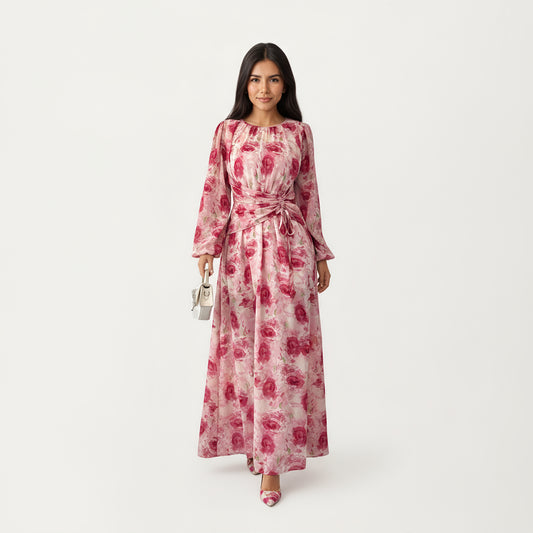 Floral Print Maxi Dress with Ruched Waist Detail, Flowing Long Sleeves and Soft Draped Dress