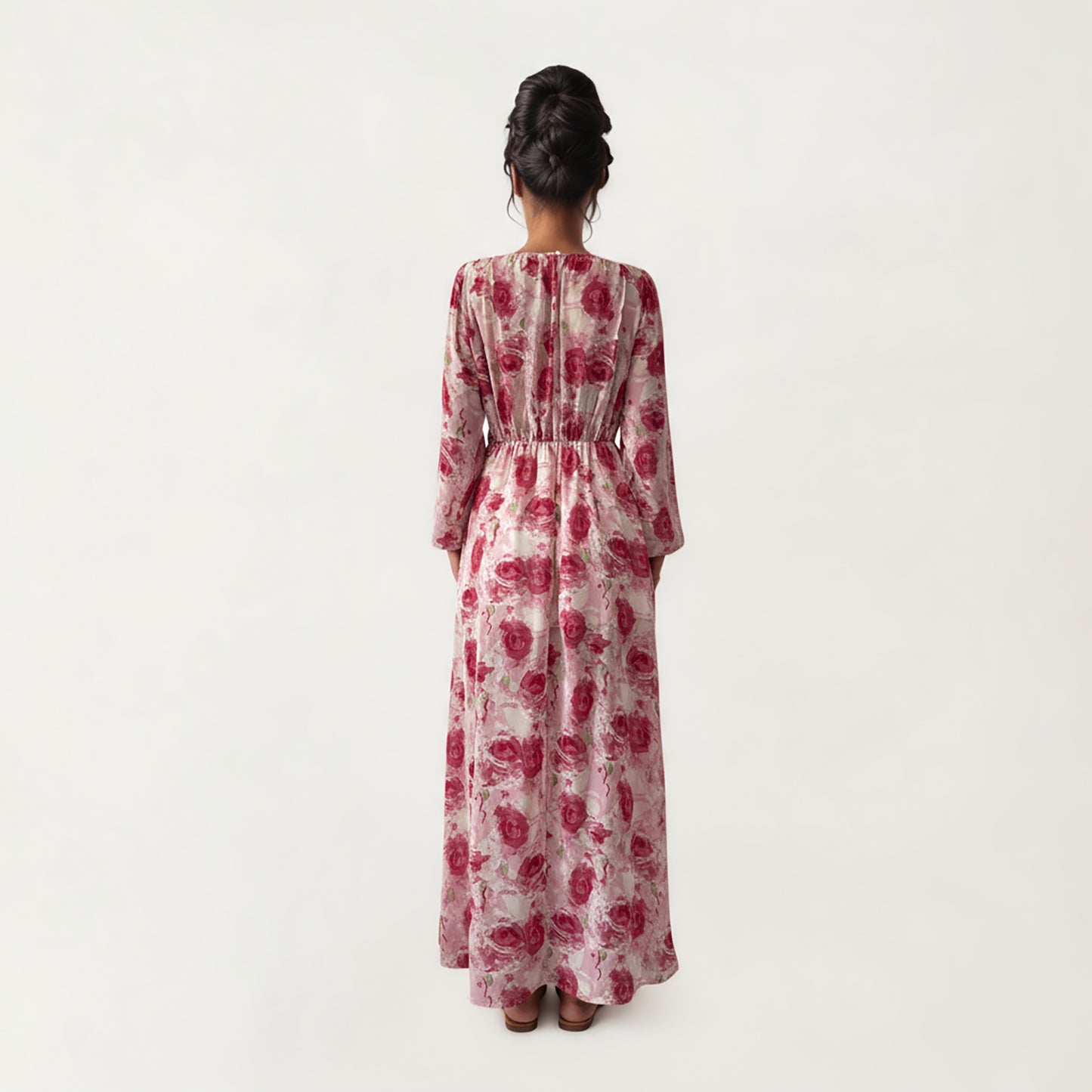 Floral Print Maxi Dress with Ruched Waist Detail, Flowing Long Sleeves and Soft Draped Dress