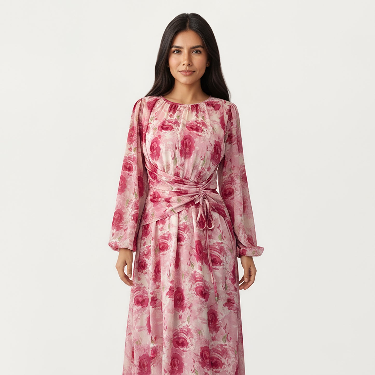 Floral Print Maxi Dress with Ruched Waist Detail, Flowing Long Sleeves and Soft Draped Dress