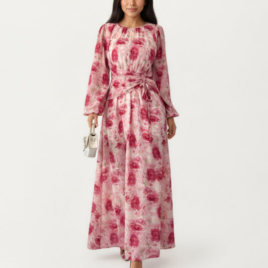 Floral Print Maxi Dress with Ruched Waist Detail, Flowing Long Sleeves and Soft Draped Dress
