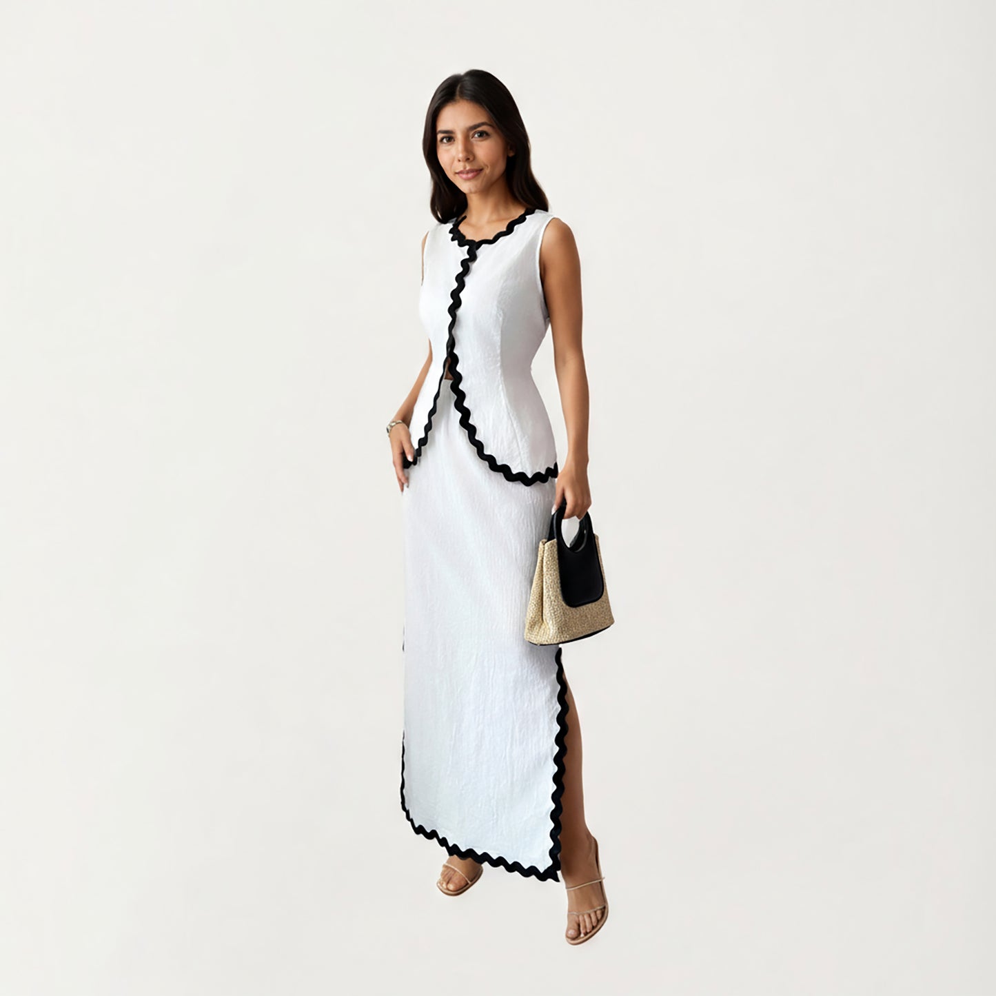 Sleeveless Maxi Dress with Wavy Contrast Trim, Textured Fabric Finish and Side Slit Detail