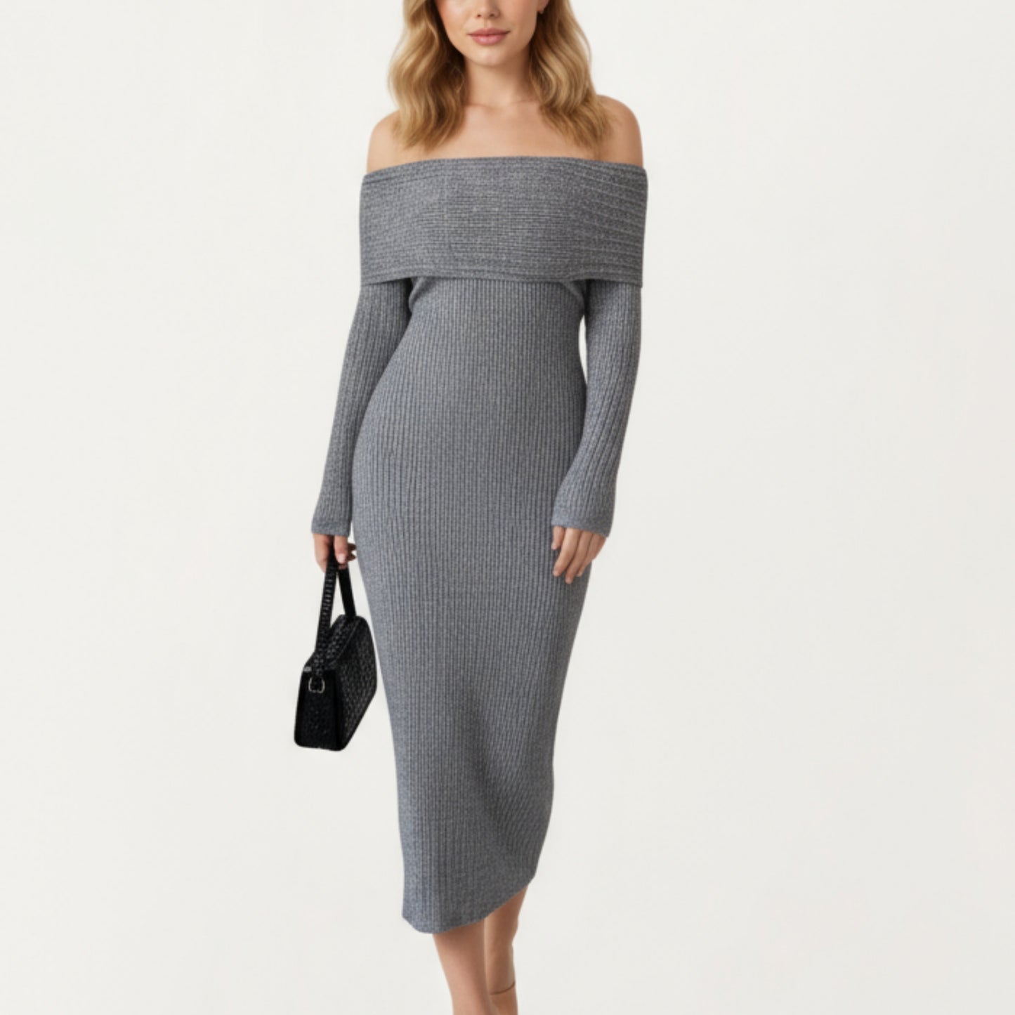 Off-Shoulder Ribbed Knit Midi Dress with Foldover Neckline and Sleek Fitted Silhouette