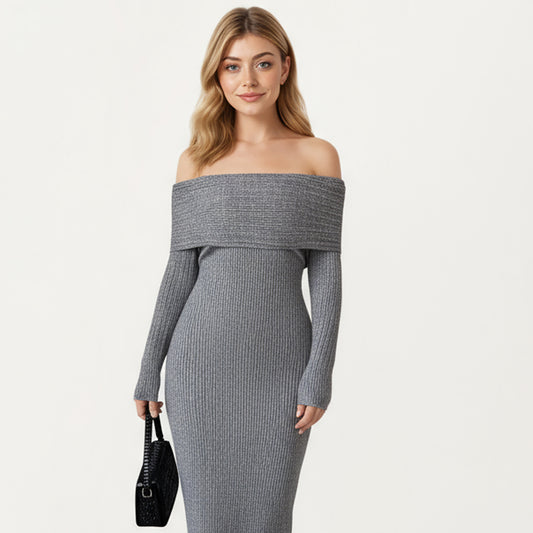 Off-Shoulder Ribbed Knit Midi Dress with Foldover Neckline and Sleek Fitted Silhouette