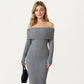 Off-Shoulder Ribbed Knit Midi Dress with Foldover Neckline and Sleek Fitted Silhouette