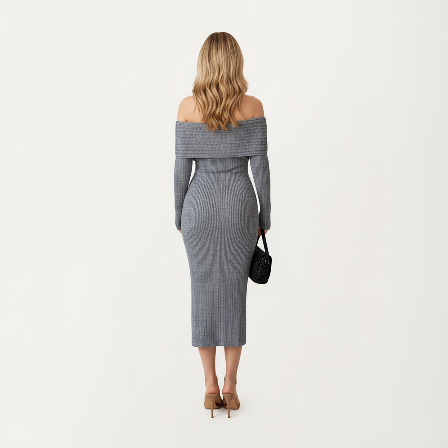 Off-Shoulder Ribbed Knit Midi Dress with Foldover Neckline and Sleek Fitted Silhouette