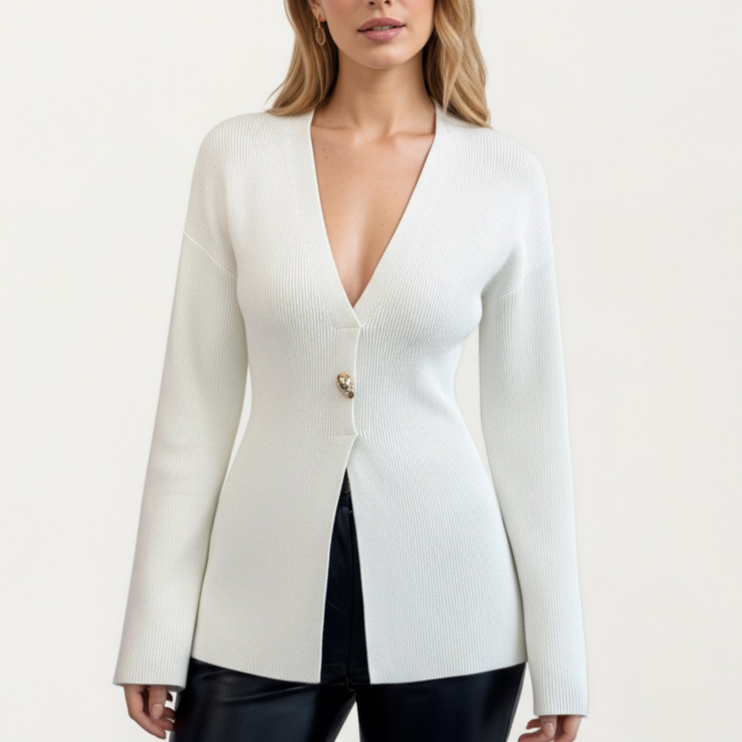 Deep V-Neck Ribbed Knit Top with Single Statement Button and Structured Front Opening