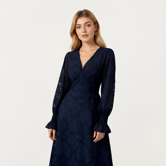 Textured Jacquard Long Sleeve Dress with Deep V-Neckline, Fitted Waist Detail and Flowing Midi Silhouette