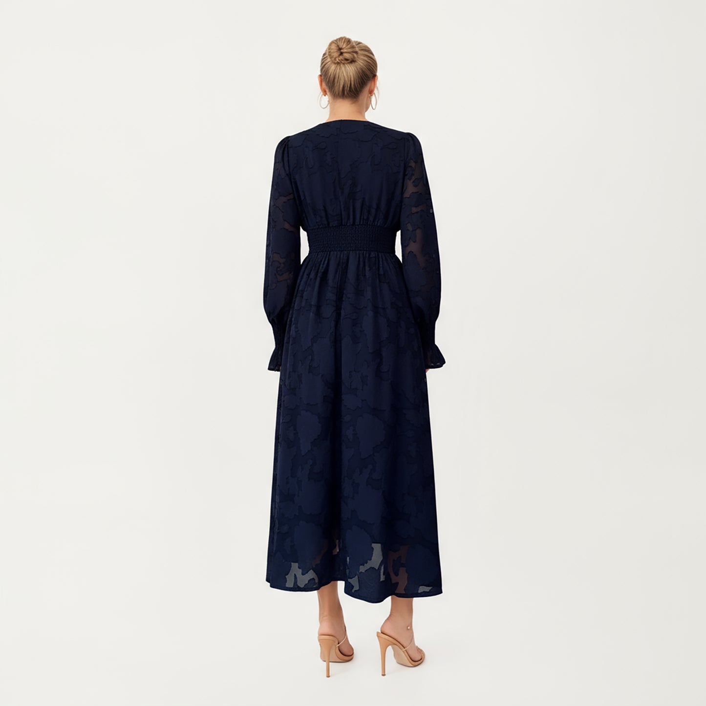 Textured Jacquard Long Sleeve Dress with Deep V-Neckline, Fitted Waist Detail and Flowing Midi Silhouette