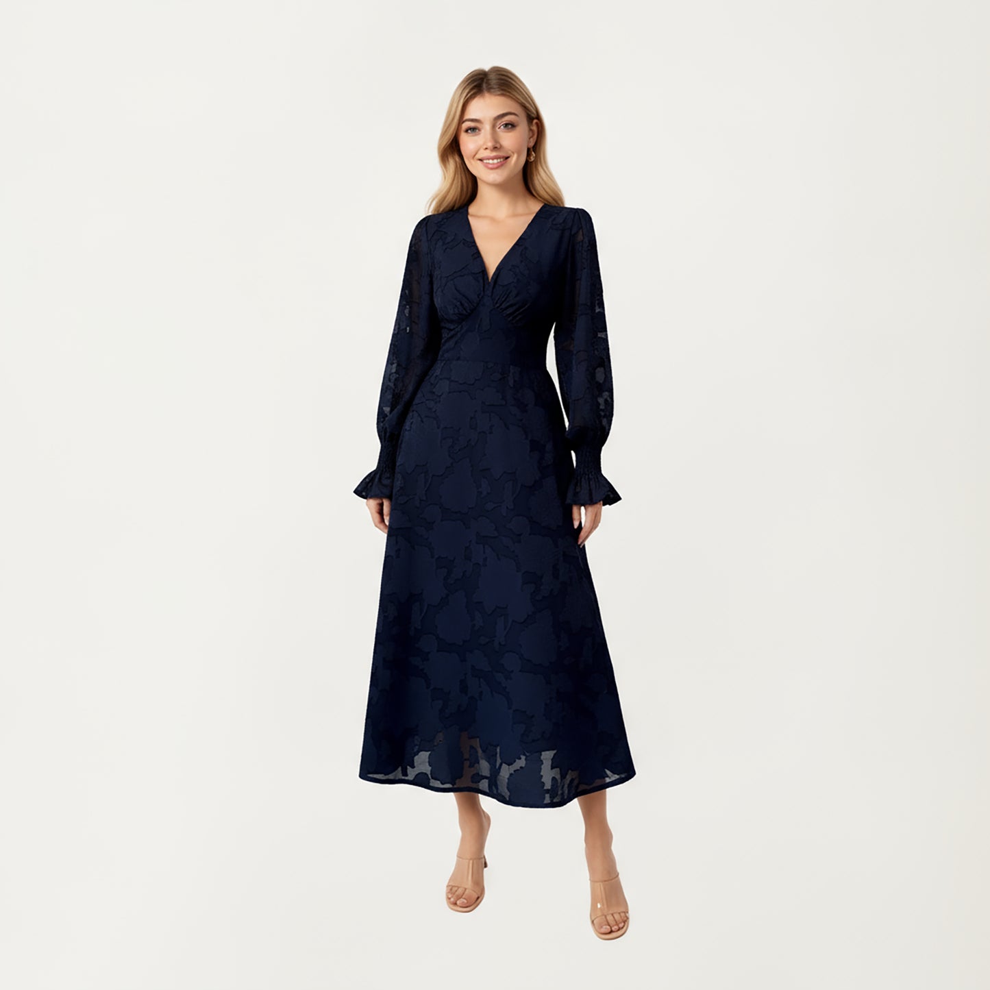 Textured Jacquard Long Sleeve Dress with Deep V-Neckline, Fitted Waist Detail and Flowing Midi Silhouette