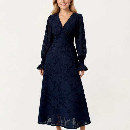 Textured Jacquard Long Sleeve Dress with Deep V-Neckline, Fitted Waist Detail and Flowing Midi Silhouette