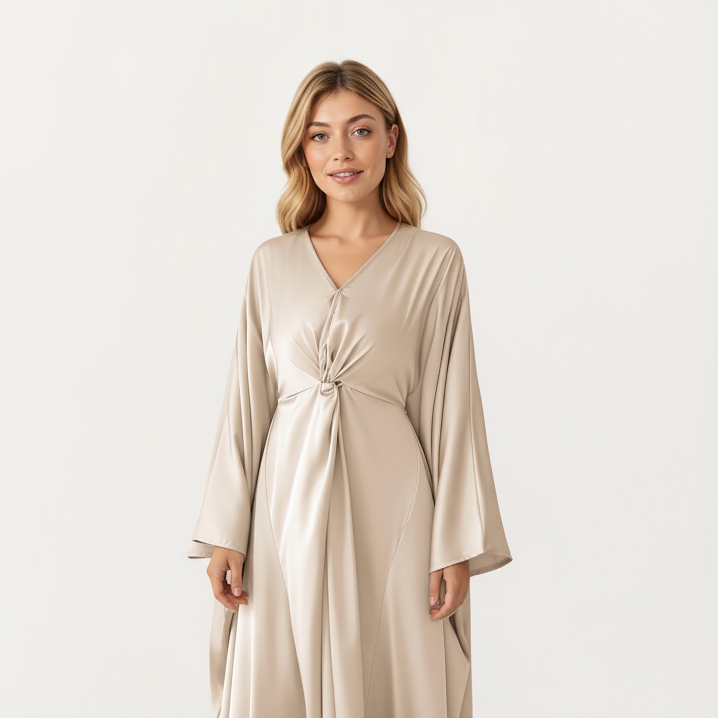 Satin Draped Maxi Dress with Knot Front Detail, Flowing Wide Sleeves and Soft Fluid Silhouette