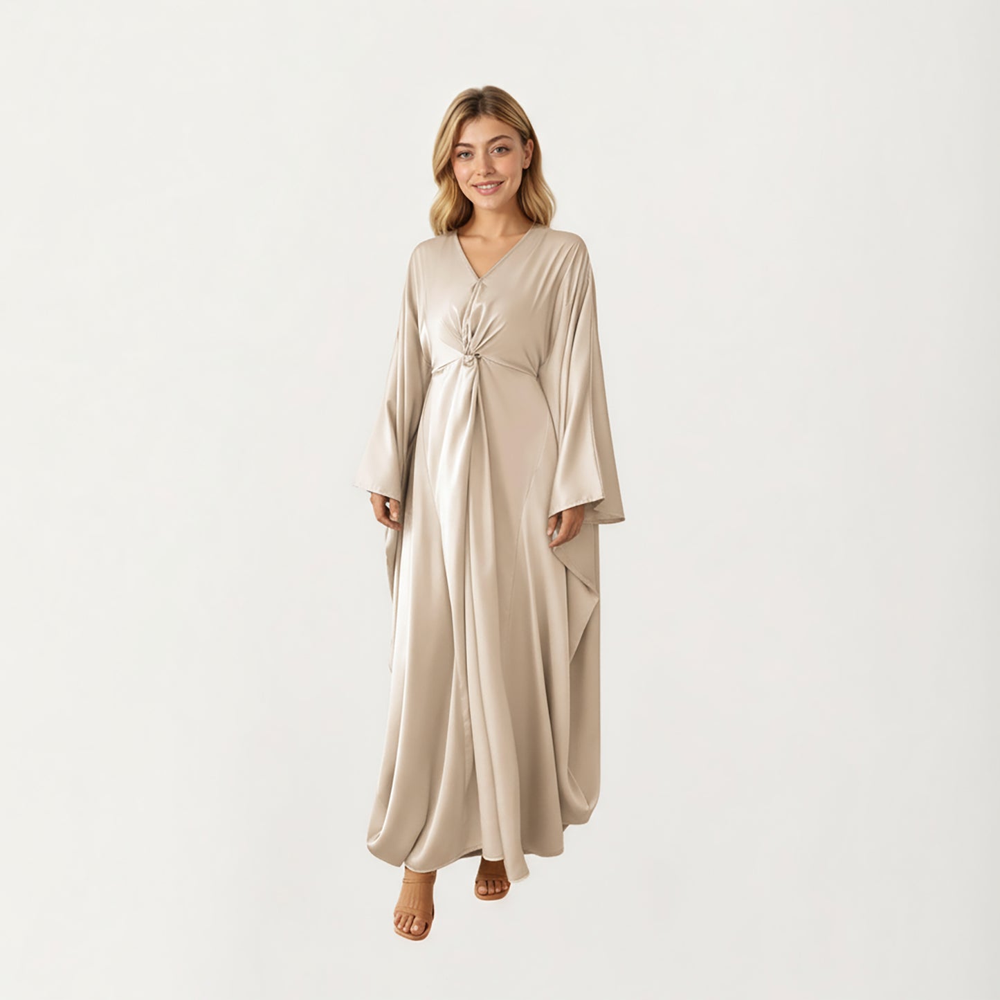 Satin Draped Maxi Dress with Knot Front Detail, Flowing Wide Sleeves and Soft Fluid Silhouette