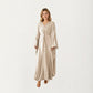 Satin Draped Maxi Dress with Knot Front Detail, Flowing Wide Sleeves and Soft Fluid Silhouette