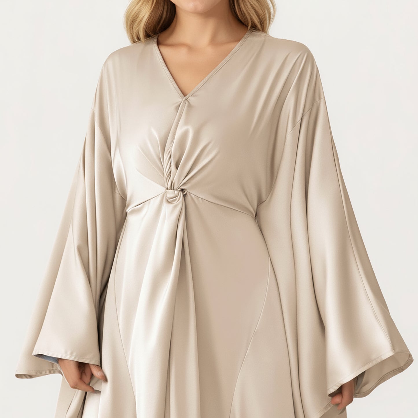 Satin Draped Maxi Dress with Knot Front Detail, Flowing Wide Sleeves and Soft Fluid Silhouette
