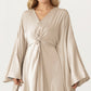 Satin Draped Maxi Dress with Knot Front Detail, Flowing Wide Sleeves and Soft Fluid Silhouette