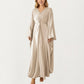 Satin Draped Maxi Dress with Knot Front Detail, Flowing Wide Sleeves and Soft Fluid Silhouette